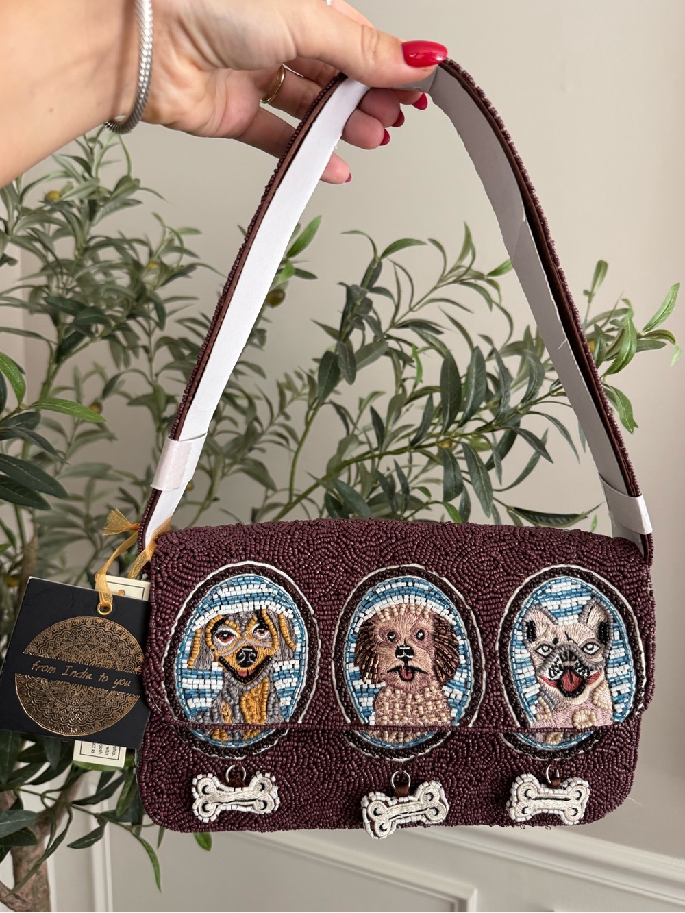 Made in India Burgundy beaded purse with three embroidered dog portraits